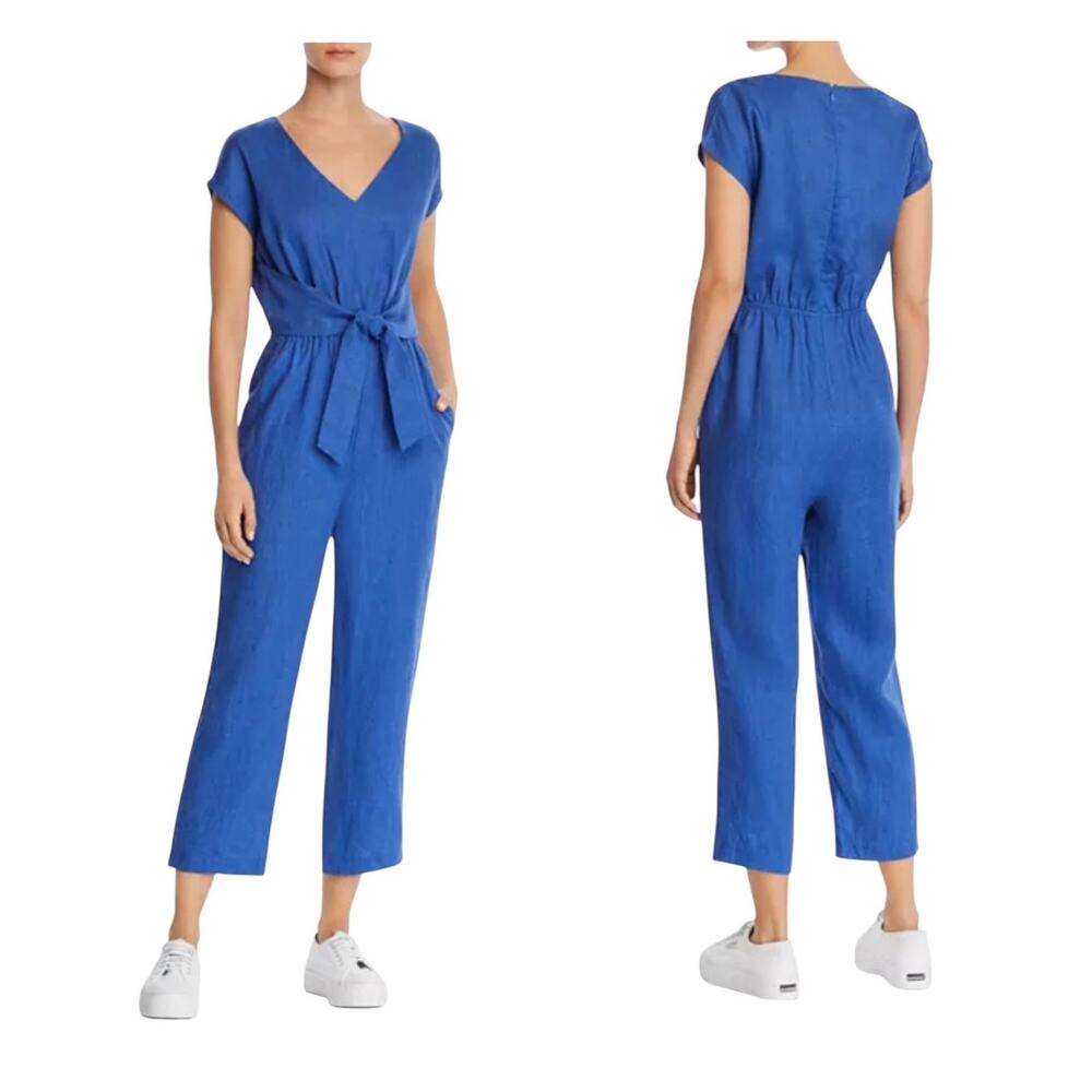 Aqua Women's Blue Tie Waist Linen Jumpsuit Cropped Straight Leg Size Large